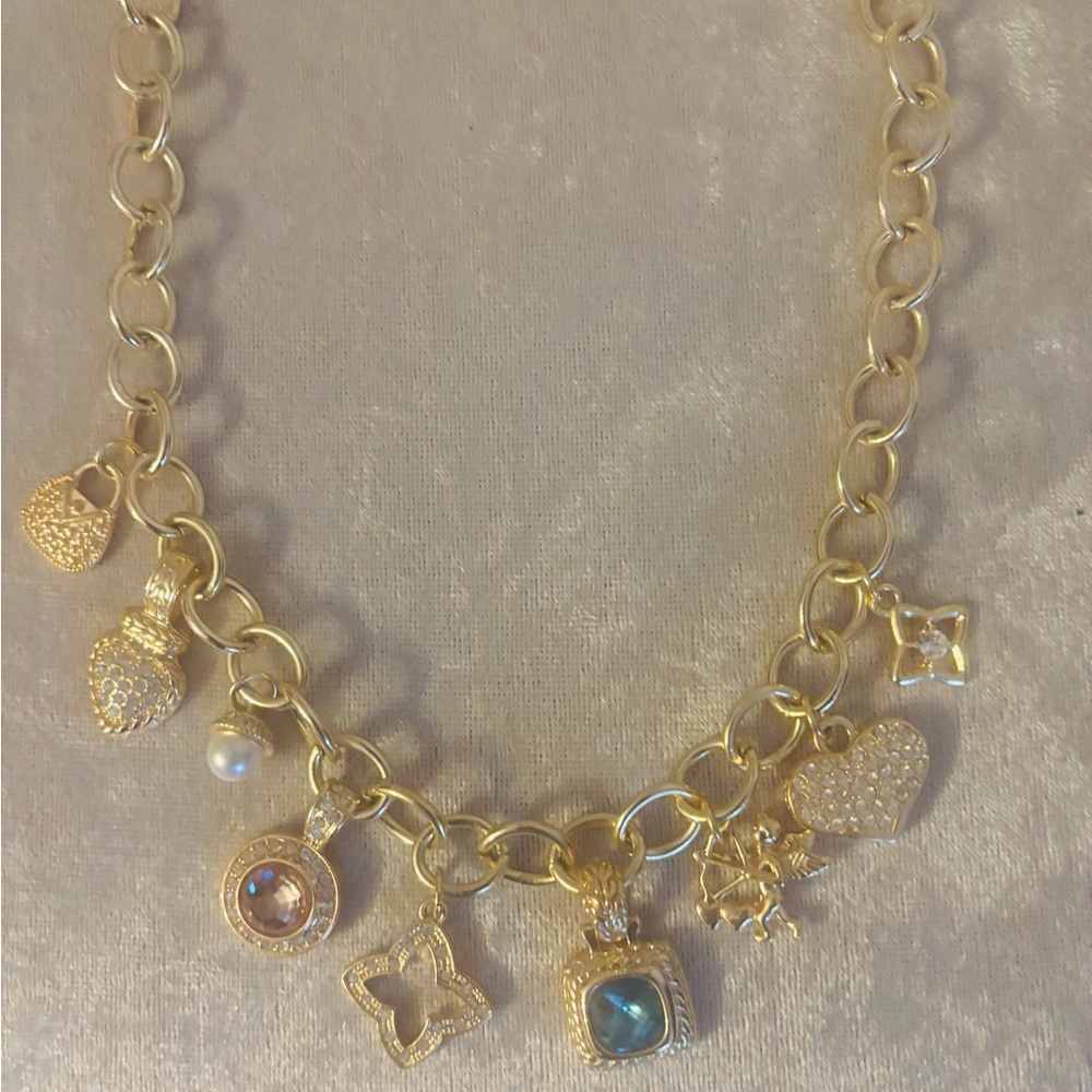 Gold Charm Necklace with Blue and Pink Accents
